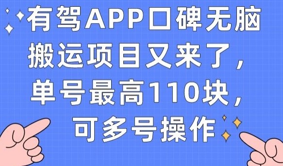 有驾APP口碑无脑搬运项目又来了，单号最高110块，可多号操作-创科技