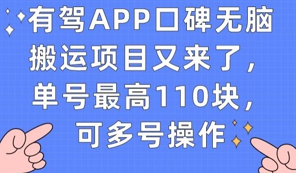 有驾APP口碑无脑搬运项目又来了，单号最高110块，可多号操作-创科技